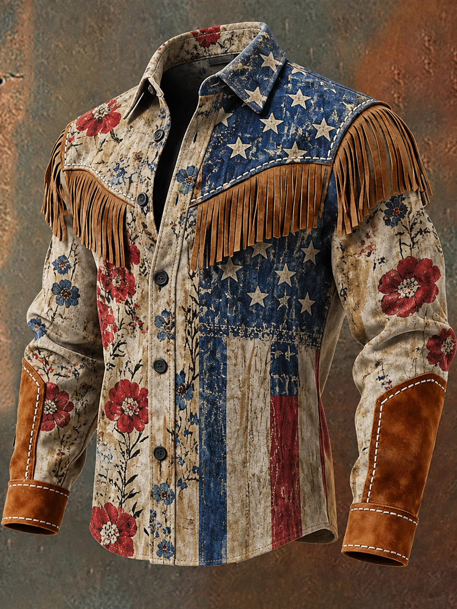 Men's Retro Style Art Print Western Vintage Tassel Casual Long Sleeve Shirt